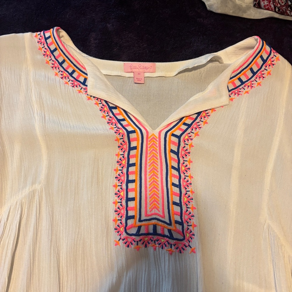Lilly Pulitzer Cream Blouse with Colorful Embroidery